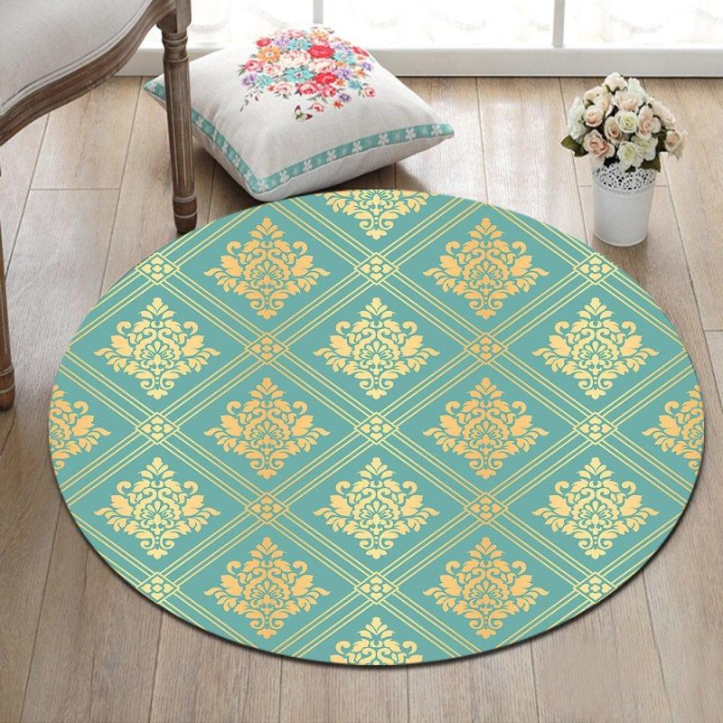 Tapis Rond Bleu Et Moutarde | Mon Tapis Rond