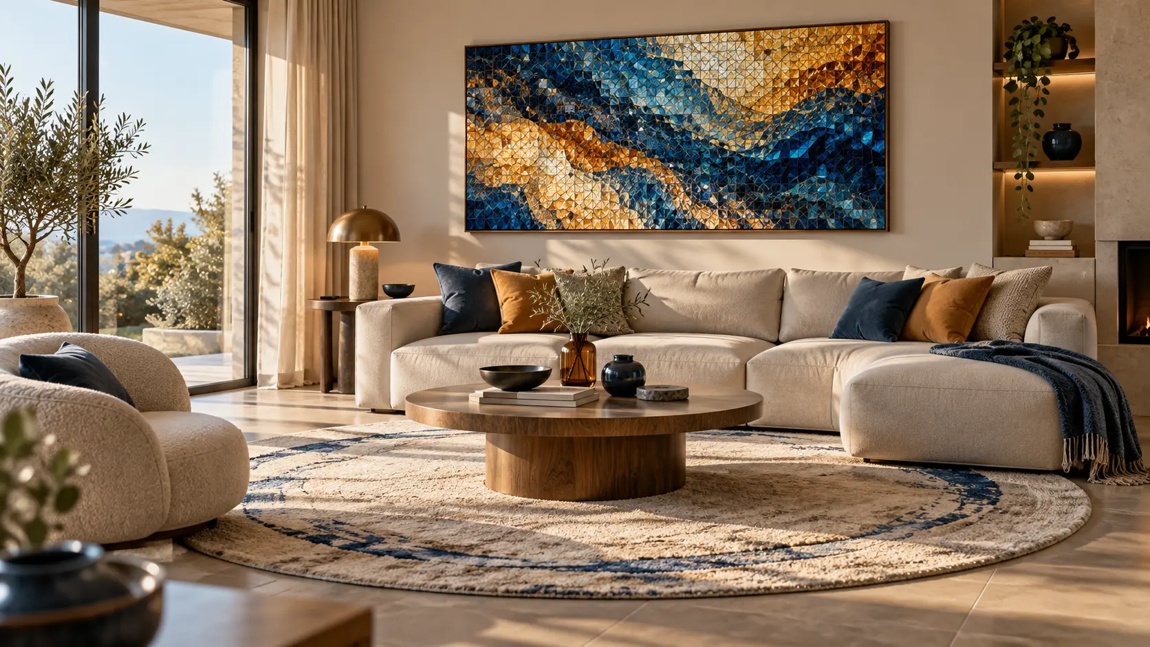 Salon avec tableau diamant bleu et ambre coordonné à un tapis rond beige
