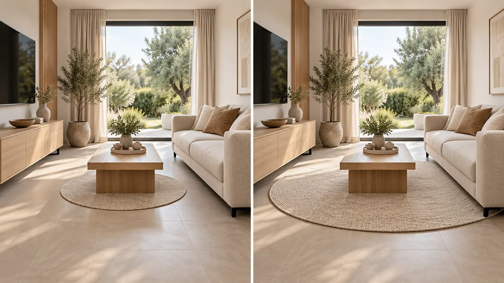 Comparaison d’un tapis rond isolé et d’un tapis rond relié à un canapé rectiligne
