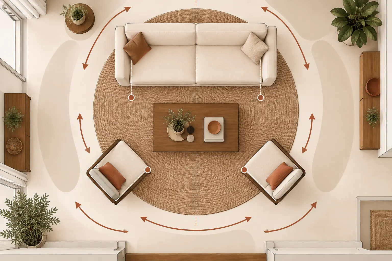 Schéma de placement d’un tapis rond avec canapé droit et circulation dégagée