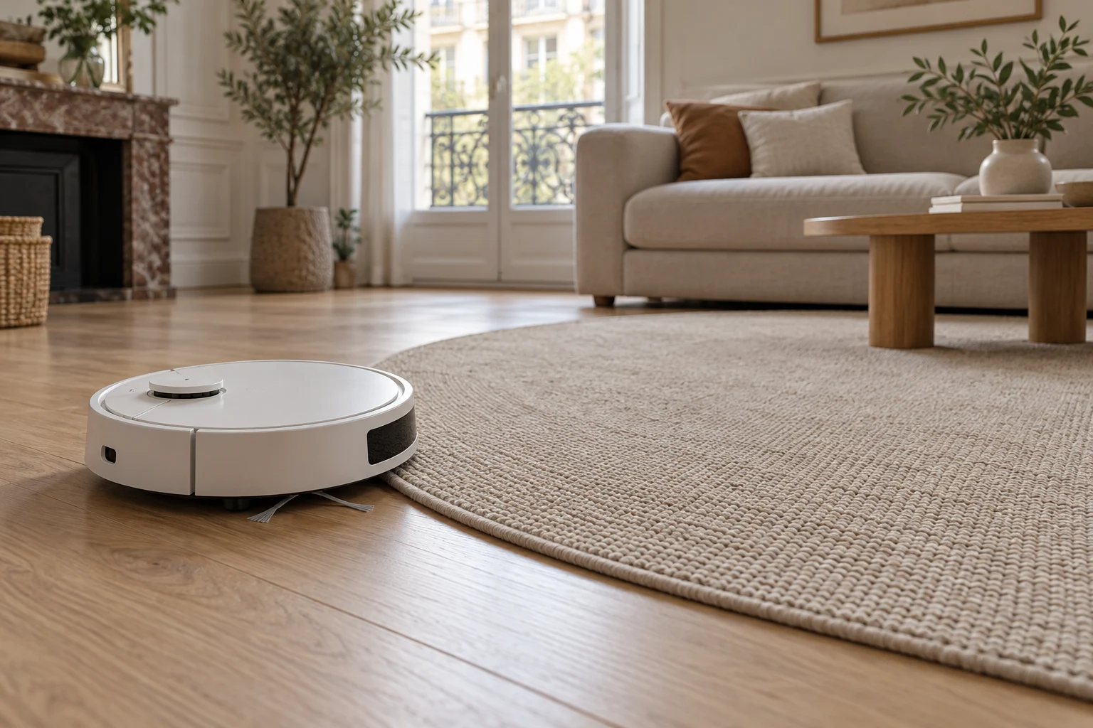 Robot aspirateur blanc au bord d’un tapis rond beige sur un parquet