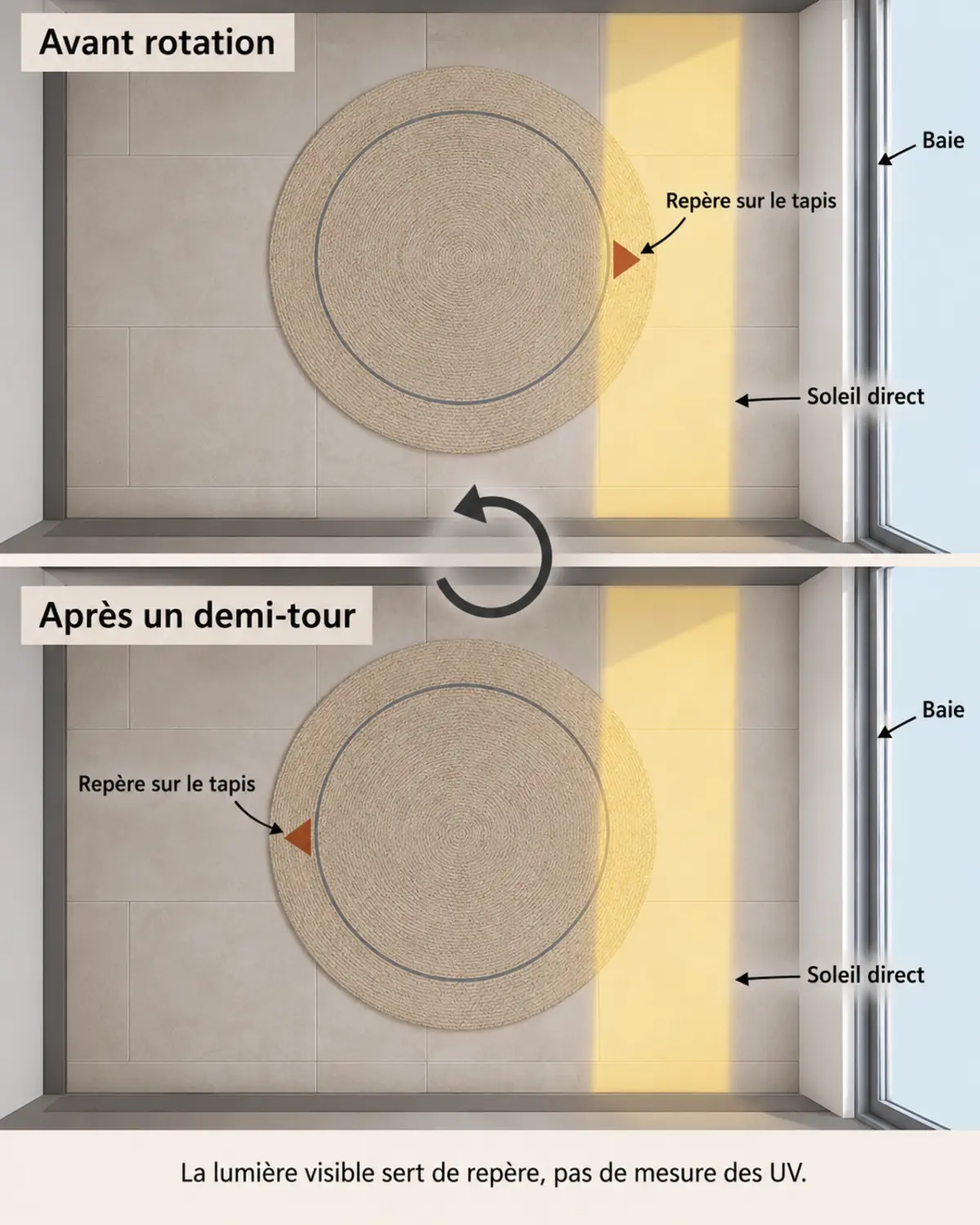 Deux vues du dessus montrent un tapis rond tourné d'un demi-tour devant une baie, la bande de soleil restant au même endroit