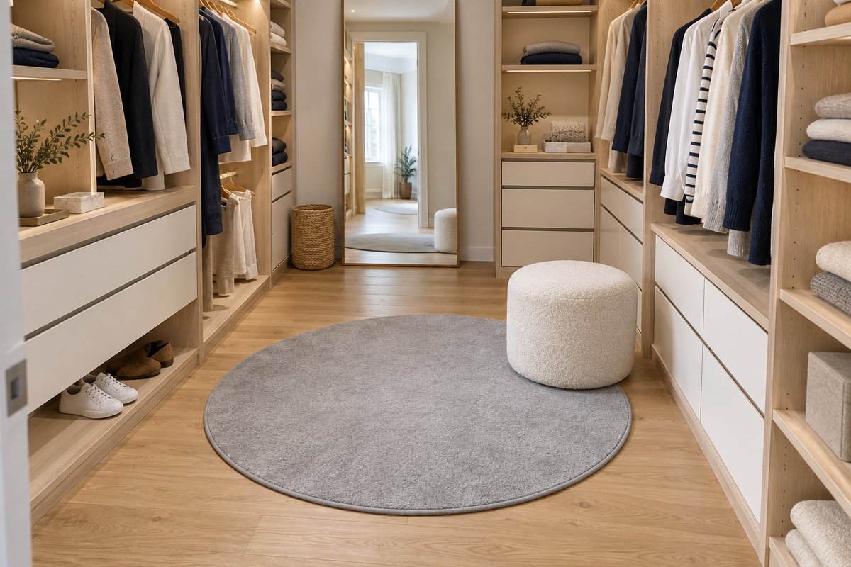Tapis rond gris clair au centre d'un dressing en U devant un miroir psyché