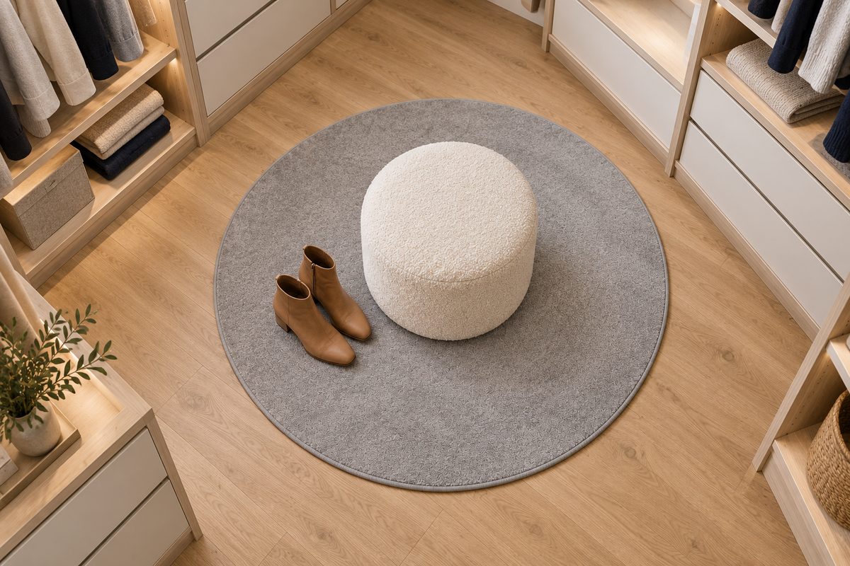 Pouf rond écru centré sur un tapis rond gris dans un dressing clair