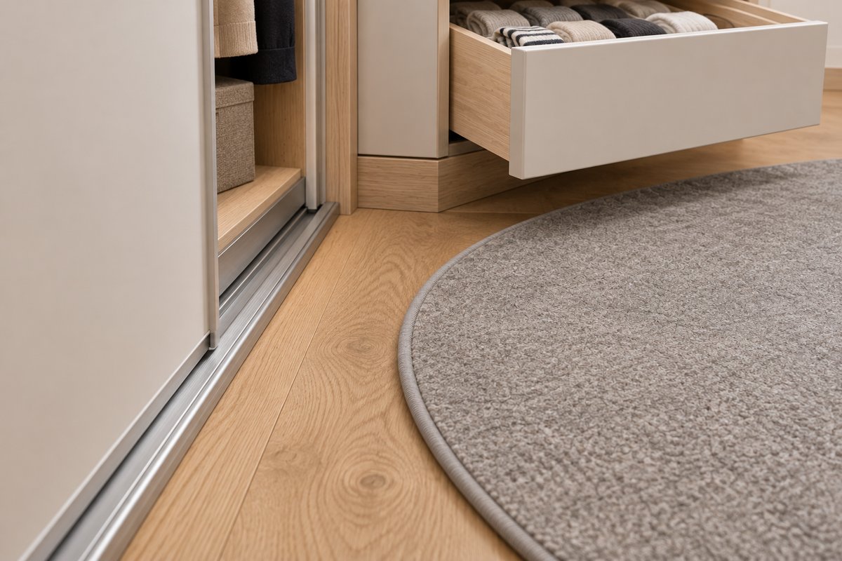 Bord de tapis rond plat près du rail d'une porte coulissante de dressing