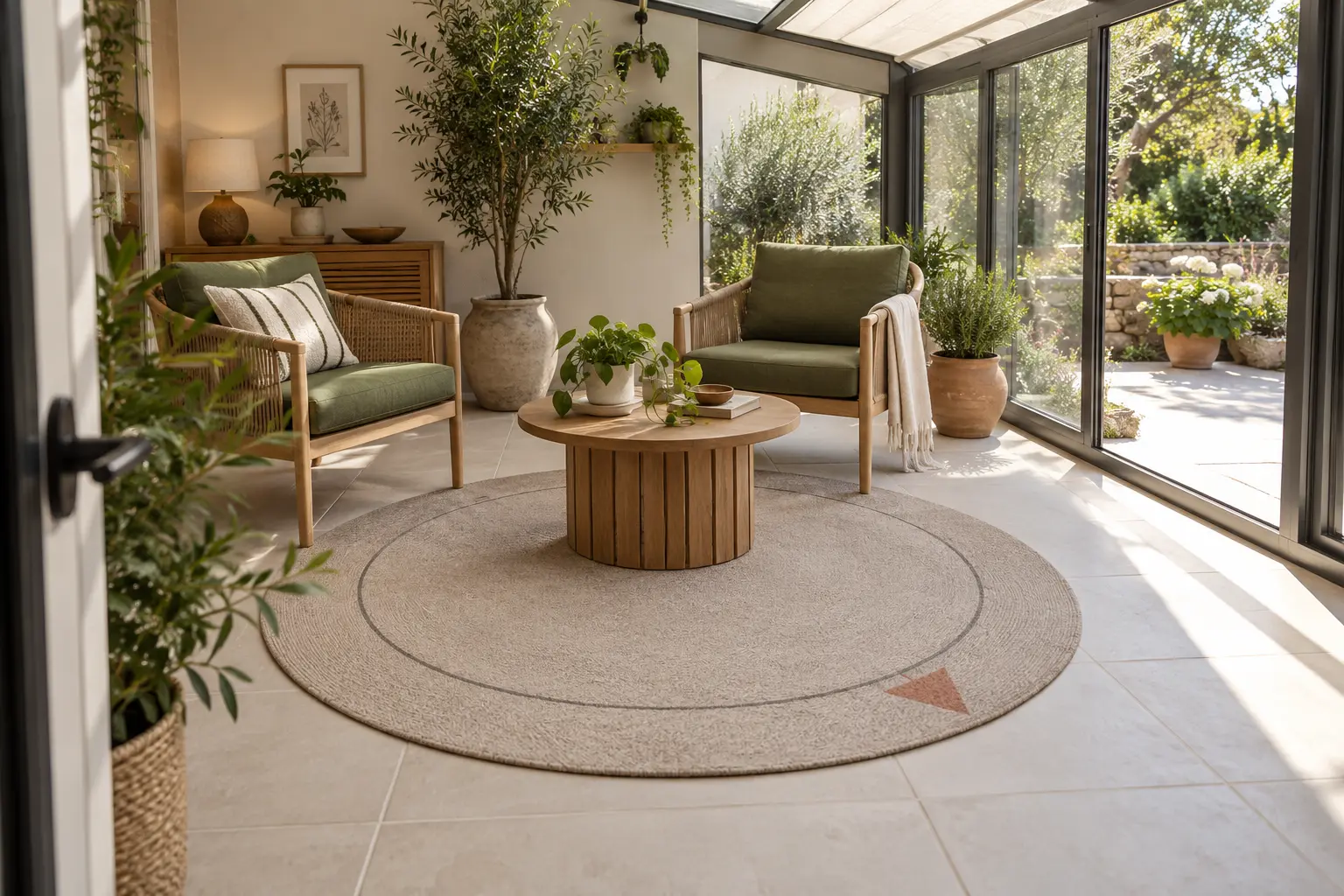 Tapis rond beige dans un coin assise de véranda, éloigné du soleil direct près de la baie
